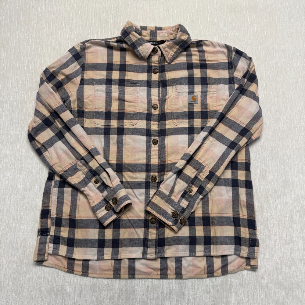 Carhartt Rugged Flex Button Up Shirt Womens Small 4-6 Peach Plaid Cotton Loose